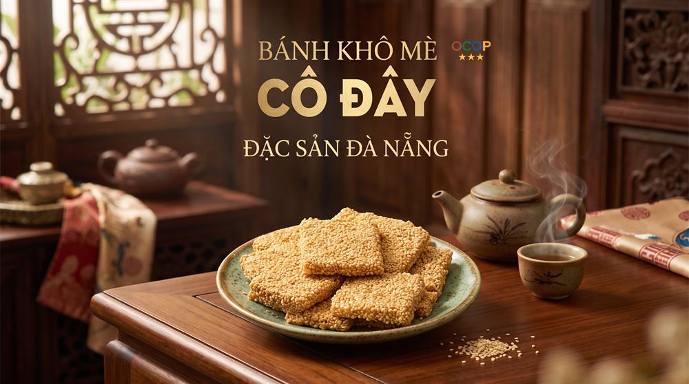Bánh khô mè Cô Đây bày trên bàn trà gỗ
