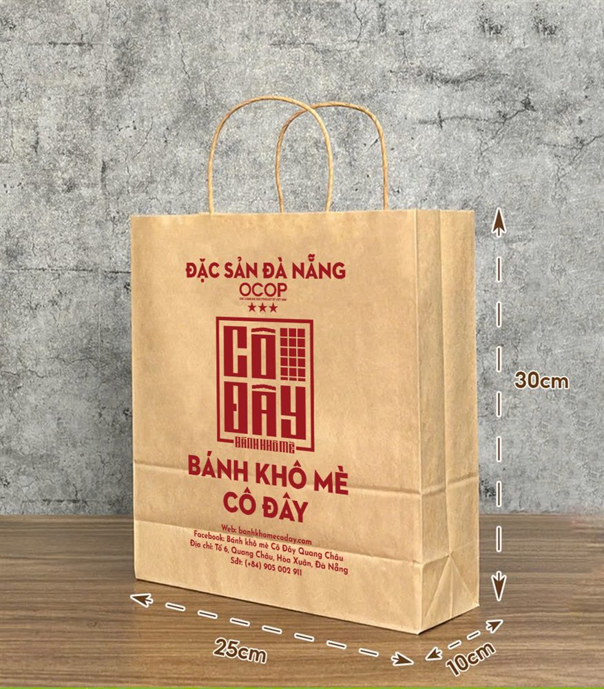 Túi giấy kraft Bánh Khô Mè Cô Đây kích thước 25x30x10cm