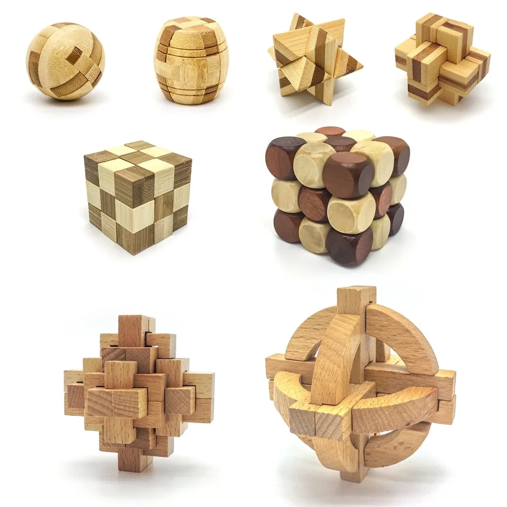 PicassoTiles 8-Style Wooden Burr Cube Puzzle Brain Teaser Educational Toy Set