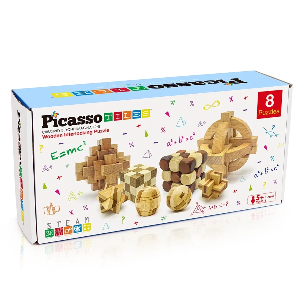 PicassoTiles 8-Style Wooden Burr Cube Puzzle Brain Teaser Educational Toy Set - Image 5